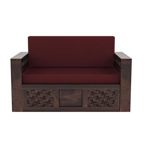 Image of Solid Sheesham Wooden 2 Seater Sofa Cums Bed with Mattresses for Home Living Room | Rosewood 2 Seater Sofa Cums Bed for Bedroom Without Pillow | Wooden Sofa Bed (Walnut, 2 Seater)