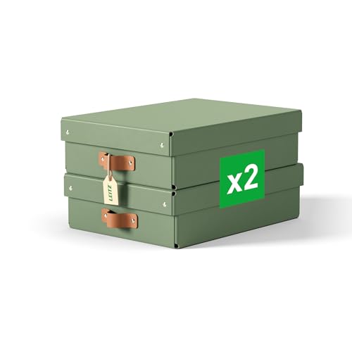 Leitz Puro Flache Aufbewahrungsbox mit Deckel, Medium, 2er-Set, Box 8 L, stapelbar, Organizer-Box für Regale und Schränke, FSC-Karton, für Büro und Home Office, 26 x 35 x 10 cm, Grün, 61480050
