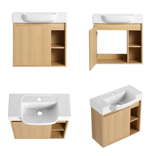 Image of 24 inch Bathroom Vanity with Ceramic Sink, Modern Wall-Mounted Bathroom Vanity with Soft-Close Door & 2 Open Storage Shelves, Farmhouse, Undermount Storage Cabinet, Easy to Clean, Light Oak