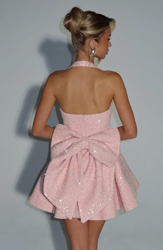 Sequin Homecoming Dresses for Teens 2025 Halter Short Prom Dress Ruched A Line Cocktail Party Gown with Bow2