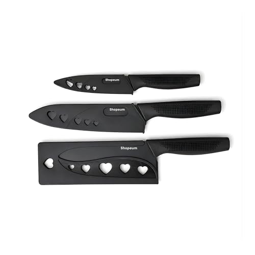 Image of Stainless Steel Kitchen Knife Set 3-Piece with Protective Covers | Sharp Non-Stick Chef, Utility & Paring Knives | Ergonomic Non-Slip Handle for Vegetable, Fruit & Meat Cutting | Black