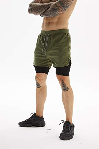 Oebld Mens Athletic Shorts 2-In-1 Gym Workout Running 7'' Shorts With Towel Loop Army Green #TOP7