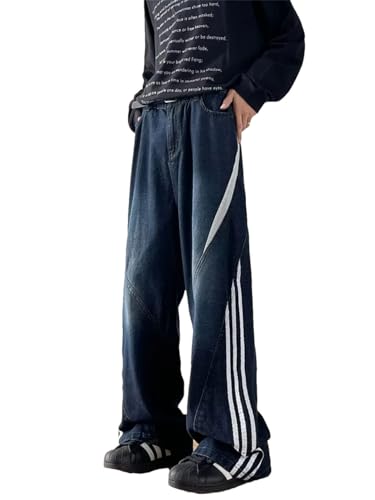 Men Striped Patchwork Dark Blue Baggy Jeans Pants Clothes Straight Hip Hop Cowboy Trousers