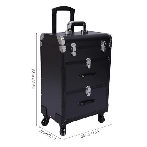 ILWorkTLs 3-Tier Professional Rolling Cosmetic Train Case with Drawers and Locks,2 Drawer Cosmetic Train Case,Makeup Case for Travel,Black