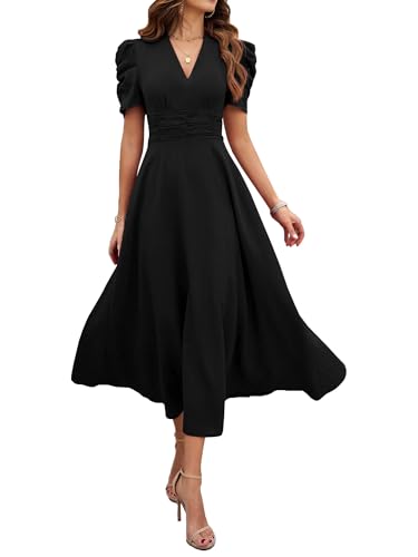 Krumba Women V-Neck Summer Dress: Puff Short Sleeve A-Line Midi for Casual Beach Party - Semi-Formal Maxi for Wedding Guest