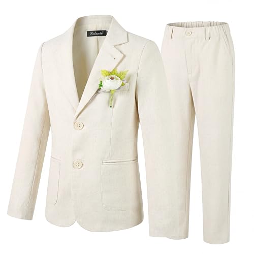 LOLANTA 2PCS Traje de Lino Boda Niño, Conjunto de Blazer y Pantalón Lino para PAJE Niños, Ropa de Bautizo Ceremonia Fiesta, Beige, 10 11 años, 150