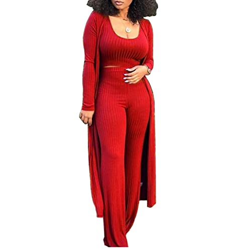 Image of Women's 2 Piece Outfits Set Ribbed Short Sleeve Casual Crop Top Wide Leg Pants Suit Set