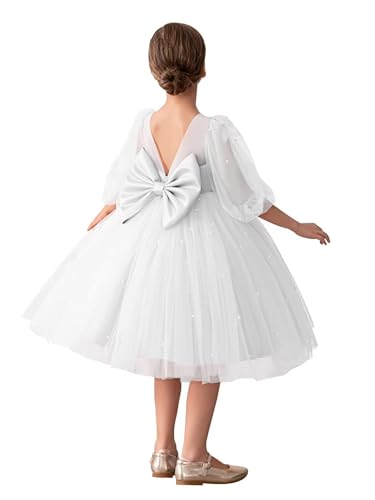 Pearls Tulle Flower Girl Dress for Wedding Bow Knot Satin Half Sleeve Short V-Back Crew Neck Party Prom Tutu Dress