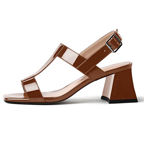 SHOWFOREST Women's Evening Slingback Patent Square Open Toe Solid Dress Chunky Mid Heel Heeled Sandals 2.5 Inch2