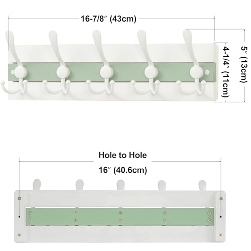 Image of SKOLOO Coastal Wall Mounted Coat Rack - 16-7 /8 inch Beach House Entryway Wooden Coat Hook with 5 Hooks for Hanging Coats, Hats or Towels, Oceanfront Cottage Core Collection, White & Green