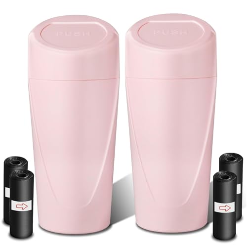 Car Trash Can with Lid-2Pack, Leakproof Garbage Can with 80 Attached Trash Bags, Mini Essential Car Accessories for Interior for Car, Home, Office（Sakura Pink）