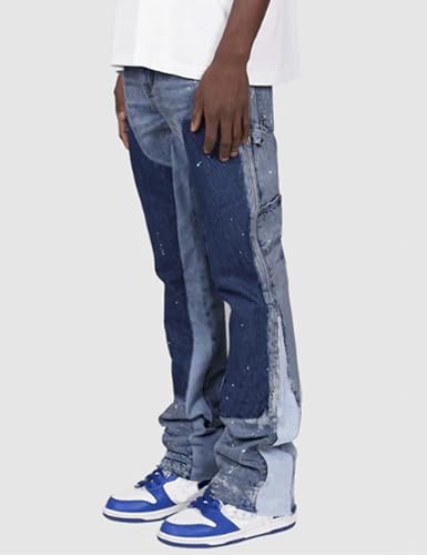 Mens Casual Patchwork Pants Distressed Ripped Jeans Denim Pants Vintage Hip Hop Splash Printed Bootcut Jeans2