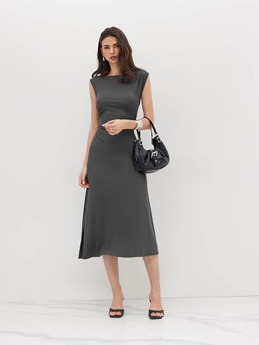 CIDER Womens Summer Dresses Sleeveless Semi Formal Midi Dress Boat Neck Ruched A Line Split Elegant Dress4