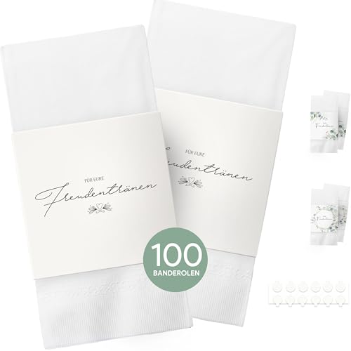 Freudentränen Taschentücher Banderole - 100 Stück Taschentücher Hochzeit Freudentränen Taschentücher Kirche Hochzeits Ideen (Taschentücher nicht enthalten) inkl. Klebepunkte zum verschließen
