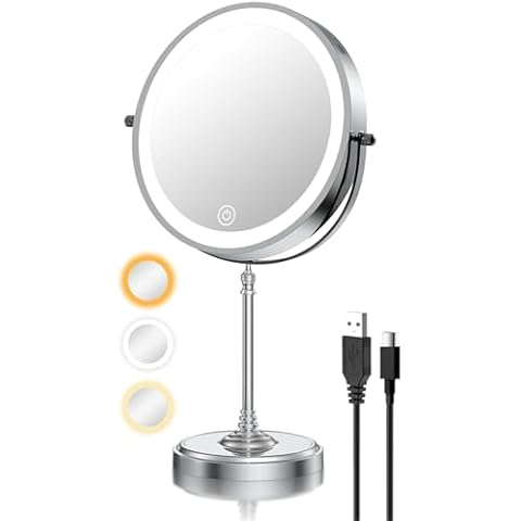 Erlingeryi 9" 5000mAh Rechargeable Lighted Makeup Mirror with 3 Color Lights Dimmable and 1X/ 10X Magnification for Desk, Magnifying LED Table Light Up Cosmetic Vanity Mirrors Chrome Cover