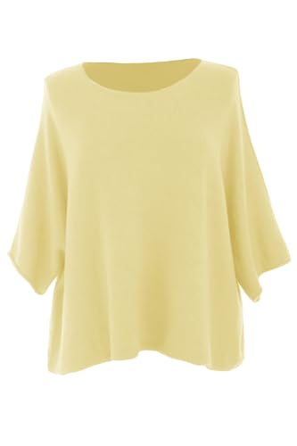 Image of TEXTURE Ladies Women Italian Plain Batwing Short Sleeve Boxy Fit Soft Knit Jumper One Size (UK, Alpha, One Size, Regular, Regular, Pale Yellow)