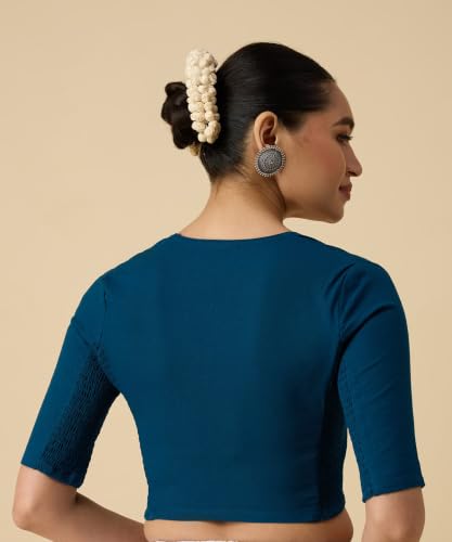Image of Studio Shringaar Women's Thick Handloom Cotton Plain Side Stretch (Smocked) Readymade Saree Blouse