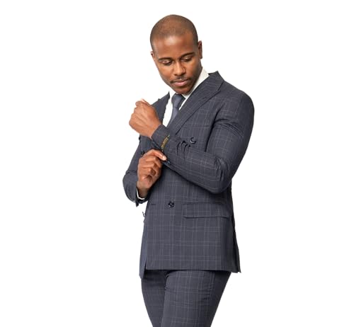 Slim Fit Double Breasted Blazer 2 Button Peak Lapel Plaid Dinner Jacket 23113