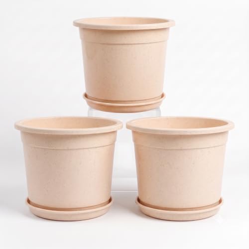 Image of 12 Inch Glossy Plastic Planter with Bottom Plate | Heavy Duty Flower Pot with Tray for Indoor Home Decor, Balcony, Living Room & Outdoor Garden (3 Pot, Blush Pink Sparkle)