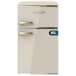 Cecotec Mini Retro koelkast Bolero CoolMarket 2D Origin 85 Beige. Capaciteit van 85L, LED-binnenverlichting, verchroomde handgreep, glazen planken, temperatuurregeling en groentelade