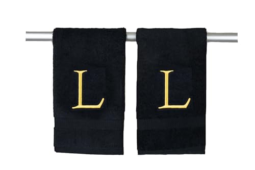 Black with Gold Monogrammed Hand Towels for Bathroom - Set of 2 Letter L