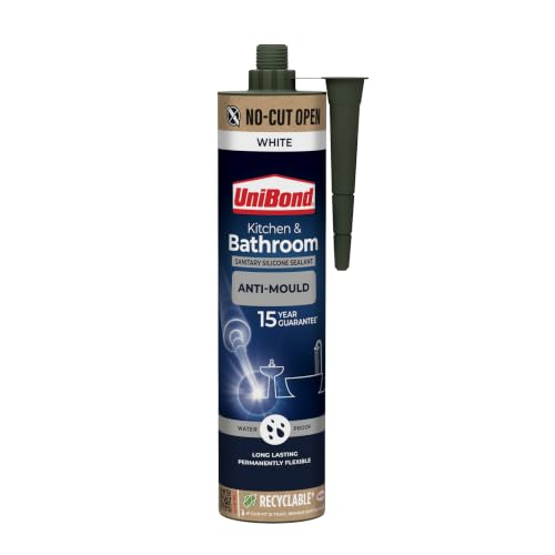 UniBond Kitchen and Bathroom Mould-Resistant White Silicone Sealant Easy No Cut Opening Silicone-Based Sanitary Sealant Waterproof 1 x 280ml Cartridge