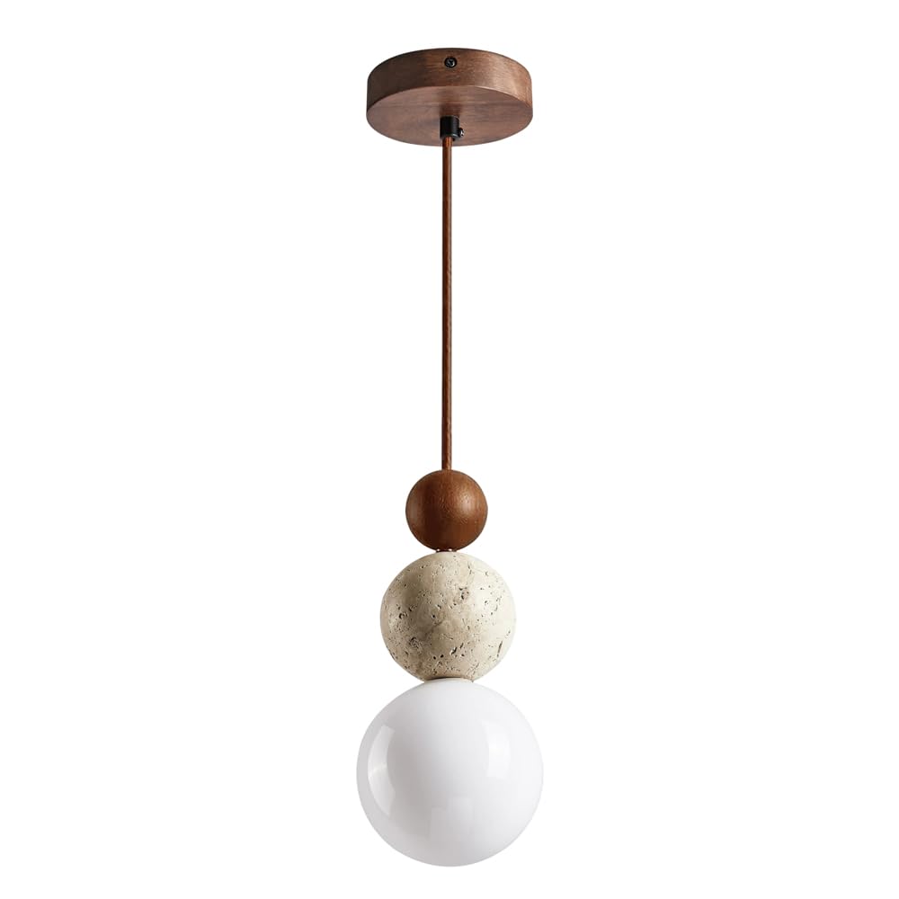 KBUUKYYXouy Spherical Glass Lampshade Hanging Light, Industrial Style Yellow Travertine Pendant Lamp, G9 Base Height Adjustable Wood Chandelier, Restaurant Kitchen Island Balcony Decoration Fixtures