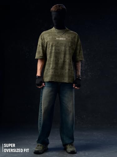 Image of The Souled Store Vikings: Longship Men and Boys Short Sleeve Rpund Neck Brown Embroidered Cotton Oversized Lightweight Breathable Drop Shoulder Streetwear T-Shirts
