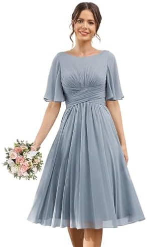 Flutter Sleeve Short Bridesmaid Dresses with Pocket Ruched Chiffo...