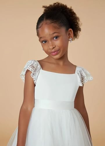 MCieloLuna Lace Cap Sleeve Flower Girl Dresses Satin Tulle First Communion Dress for Girls Square Neck Formal Ball Gown4