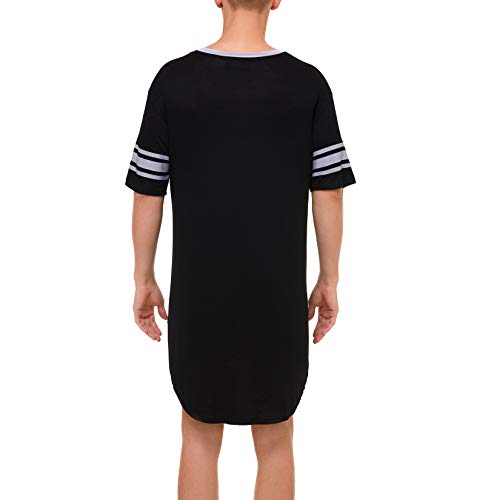 Lu's Chic Men's V Neck Nightgown Short Sleeve Nightshirt Soft Sleepshirt Striped Pajama Top Sleep Shirt Night Summer Gown Sleepwear Knee Length Black X-Large #TOP1
