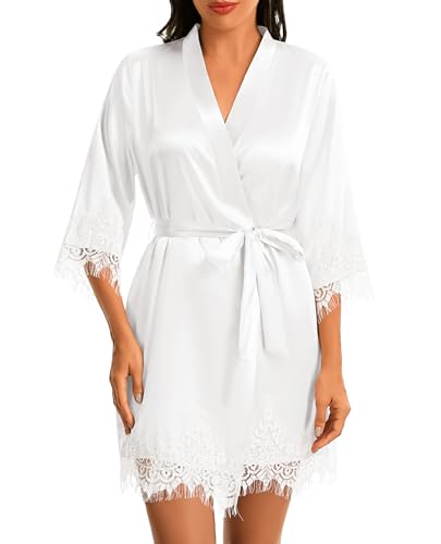 Lovasy Kimono Satén Mujer Verano Corto Manga 3/4 Elegante Encaje Ropa de Dormir Party Bodas Novia Albornoces de Casa Mujer con Cinturón,Blanco,L