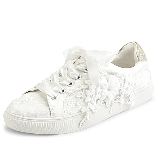 JIAJIA 8837A Mariage des Chaussures De mariée Baskets Appartements Mariée Tennis des Chaussures Dentelle Baskets Couleur Ivoire, Taille 37 EU