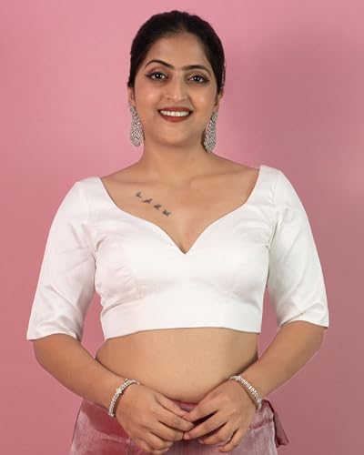 Image of FIGURE'S DESIGNER Women's Dupion Raw Silk Half Elbow Sleeves Sweetheart V Neck Sabyasachi Cut Readymade Saree Blouse S10
