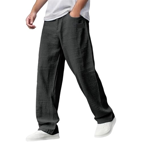 Mens Casual Hemp Fabric Embroidered Pants Plus Size Lightweight Logo Drawstring Pants Elastic Trousers with Pockets