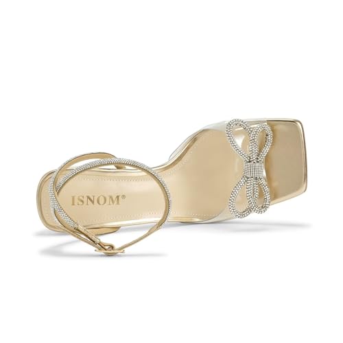 Image of ISNOM Clear Heels for Women with Square Toe, Wedding Heels with Bow | Chunky Heels, Sparkly Heels, PVC, Party, Festive, Gift, Paired with Daily Wear, Wearing It All Day