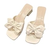 Zeberfi Women's Bow Tie Chunky Heel Sandals Fashion Cute Open Square Toe Slip On Low Block Heel Slide Sandals Summer Wedding Dress Shoes Pumps (Beige,10)