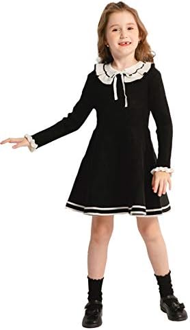 SMILING PINKER Toddler Girls Dresses Sweater Long Sleeve Winter Knitted Skater Dress Ruffle Collar (Black, 2-3T)