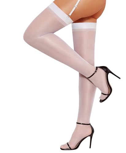 RSLOVE Bas pour Porte-jarretelles Femme Sexy - Bas Autofixant Classique Nylon Collants Blanc