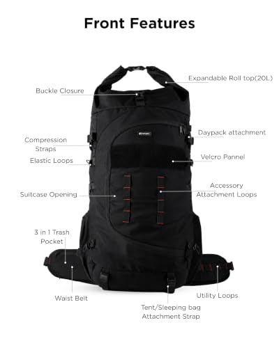 Image of CarryPro NOMAD 65L+ Travel Backpack Large Capacity Hiking & Travel Rucksack Durable Water Resistant Multi Compartment Trekking Bag with Padded Shoulder & Back Support