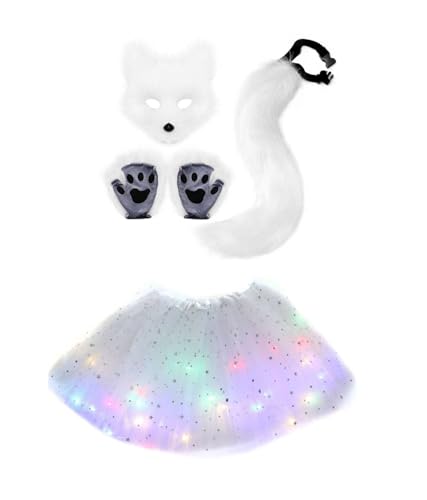 galeeup Adult Fox Cosplay Costume Faux Fox Ears Tail Set Paw Tutu Skirt Headband Full Accessories Halloween Outfits (White Set, One Size)