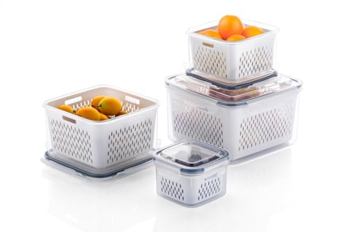 Image of Arto Food Storage Containers with Ventilated Produce Saver Baskets | Set of 4 Airtight Fridge Organizer Boxes | Keep Vegetables & Fruits Fresh Longer | Stackable Kitchen Container (White, 4-Piece Set)