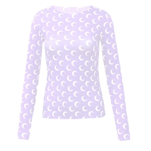 Crescent Moon Print & Long/Short Sleeves Shirt Women Bodycon Outfits Summer Tee