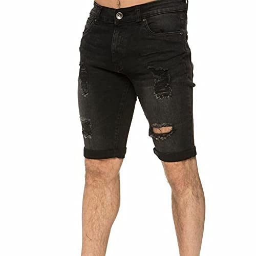 BUKINIE Pantalones cortos de mezclilla para hombre, estilo vintage, rasgados, desgastados, rectos, hasta la rodilla, casuales, lavables, Negro, XXL