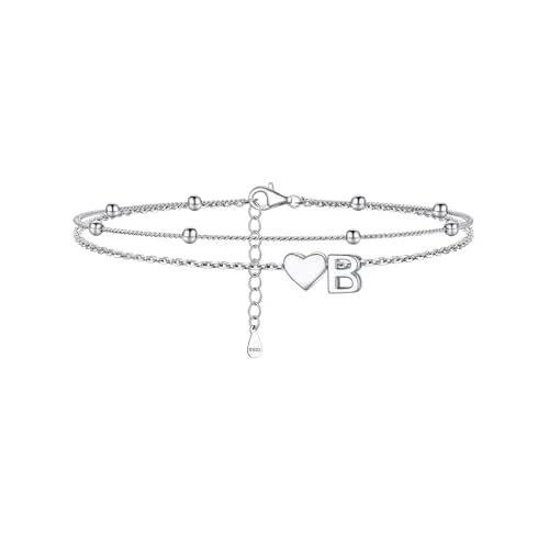 PROSILVER Women Sterling Silver Heart Anklet, A-Z Letter Initial Ankle Bracelet, Adjustable Hypoallergenic Double-Layer Foot Chain for Beach Summer with Gift Box Silver - B