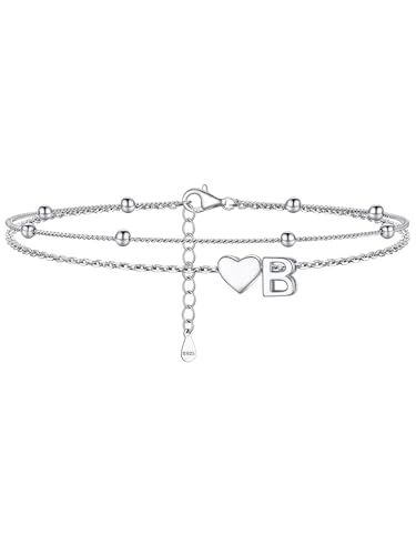 Image of PROSILVER Ankle Bracelets for Women S925 Sterling Silver Anklets for Women Waterproof, Dainty Layered Heart Anklet, Beach Initial Anklet for Summer, Letter A-Z