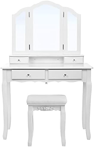 SONGMICS Large Dressing Table Set with Tri-fold Mirror Make-up Desk and Cushioned Stool 4 Drawers Easy to assemble White RDT07W