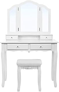 SONGMICS Large Dressing Table Set with Tri-fold Mirror Make-up Desk and Cushioned Stool 4 Drawers Easy to assemble White RDT07W