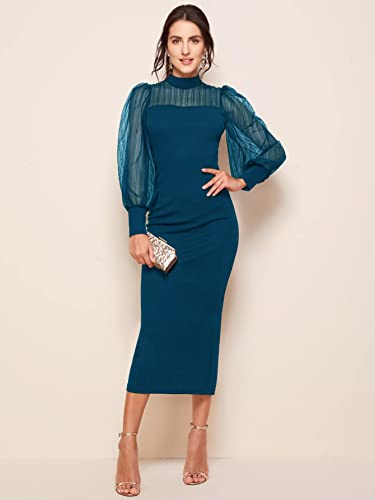 Image of Sheetal Associates Women's Polyester Bodycon Maxi Dress with Net Full Sleeves Round Neck Self Design Pattern and Bodycon Style | Maxi Dress for Women