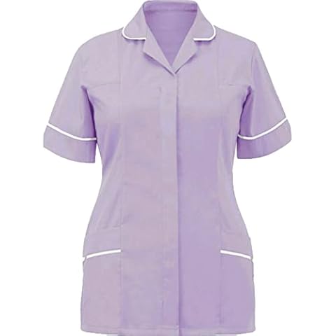 Womens Tunic Shirt Ladies Healthcare Doctor Nurse NHS Hospital Clinic Beauty Salon Vet Workwear Short Sleeves Tunics Medical Uniform Carers Casual Blouse Maid Dress Top Lapel Collar(Lilac, 14) Cover